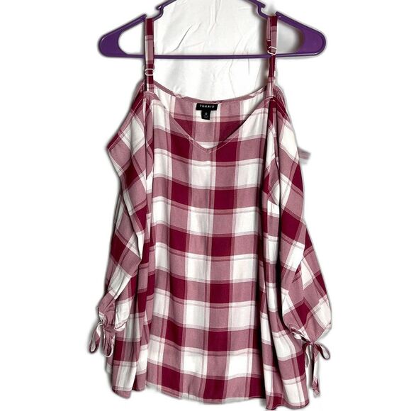 torrid Tops - Torrid Red Plaid Crepe Cold Shoulder Blouse Lightweight 0079